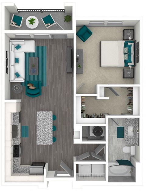 Floor plan for 1 bed, 1 bath, 739 sqft